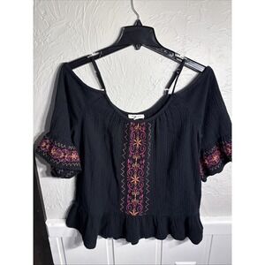 BeachLoungeLunch Black, Embroidered Off Shoulder 3/4 Bell Sleeve Top Boho Large